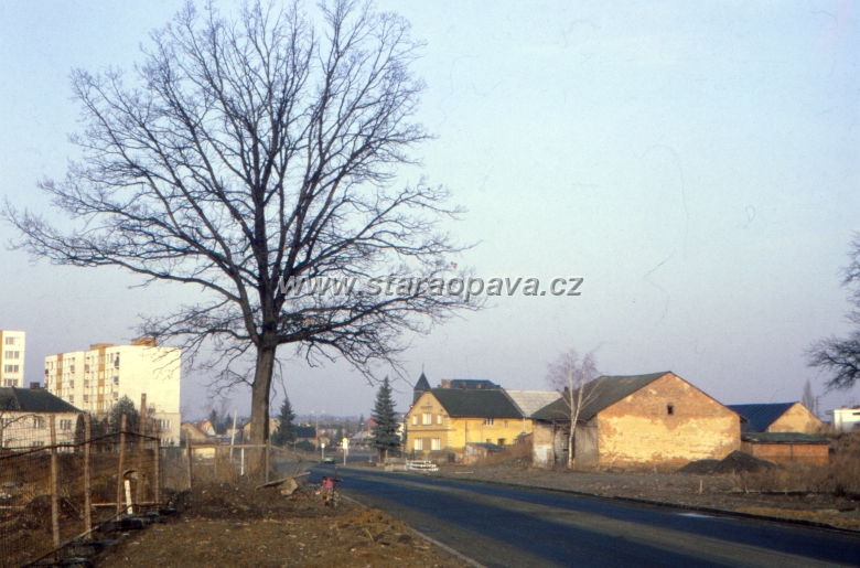 rolnicka (7).jpg - Průhled ulicí, po levé straně za plotem dnes stojí domov pro seniory a supermarket Billa. Foto kolem roku 1990